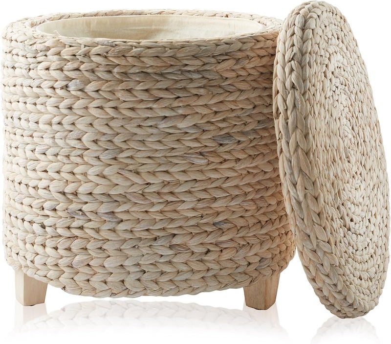 Casafield 17" Round Storage Ottoman with Lid - Whitewash, Handwoven Water Hyacinth Footstool for Living Room, Bedroom, Bathroom, Home Office - Image 1